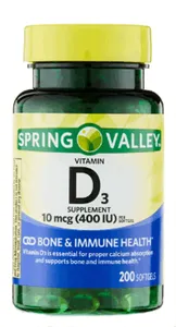 Spring Valley Vitamin D3 10mcg 400IU 200 Capsules (Box of 200)