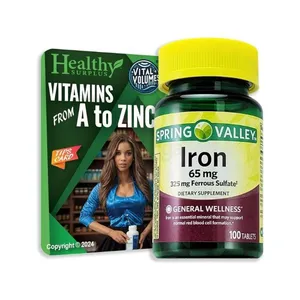 Spring Valley Iron 65 mg 325 mg Ferrous Sulfate 100 Tablets and Vital Volumes Vitamin A to Zinc (Box of 100)