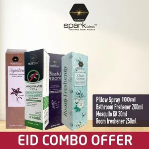 Sparkbliss Home Hygiene Essentials Combo Pack (Blissful Dreams Pillow Spray 100ml + Bathroom Freshener Signature 200ml + Mosquito Kit Anti Spray 30ml + Room Freshener Clean Cotton 200ml)